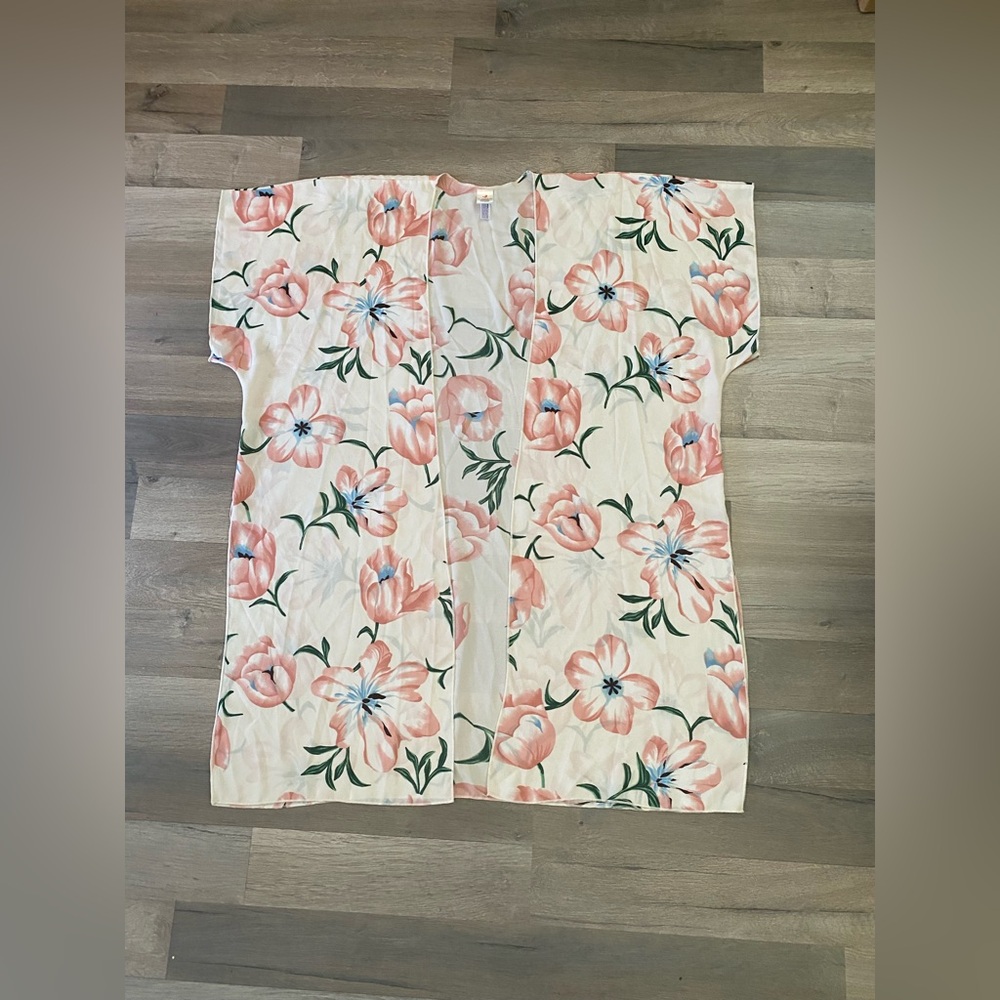 I Joah Kimono Boho Womens One Size Cream Multi Color Floral Shear Open Cover Up